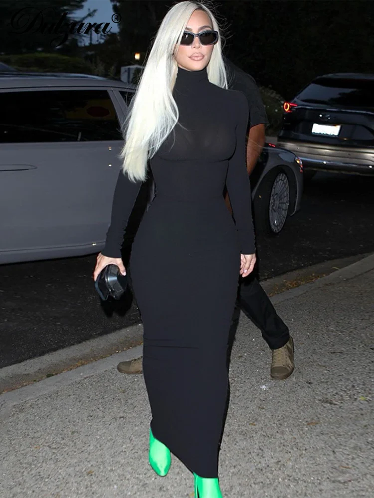 

Dulzura однотонное Ребристое Платье макси с длинным рукавом облегающее сексуальное с высоким воротом уличная одежда Y2K 2022 осенне-зимние вечерн...