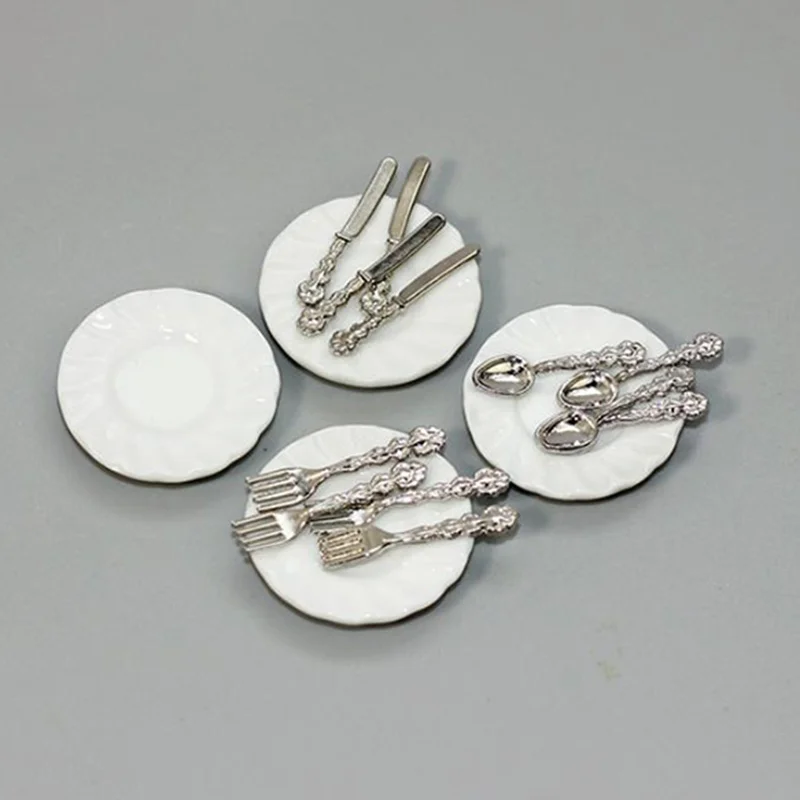 

16PCS/Set 1:12 Dollhouse Kitchen Food Furniture Toys Ceramic Plate Knife Fork Spoon Tableware For Dollhouse Miniature Accessor