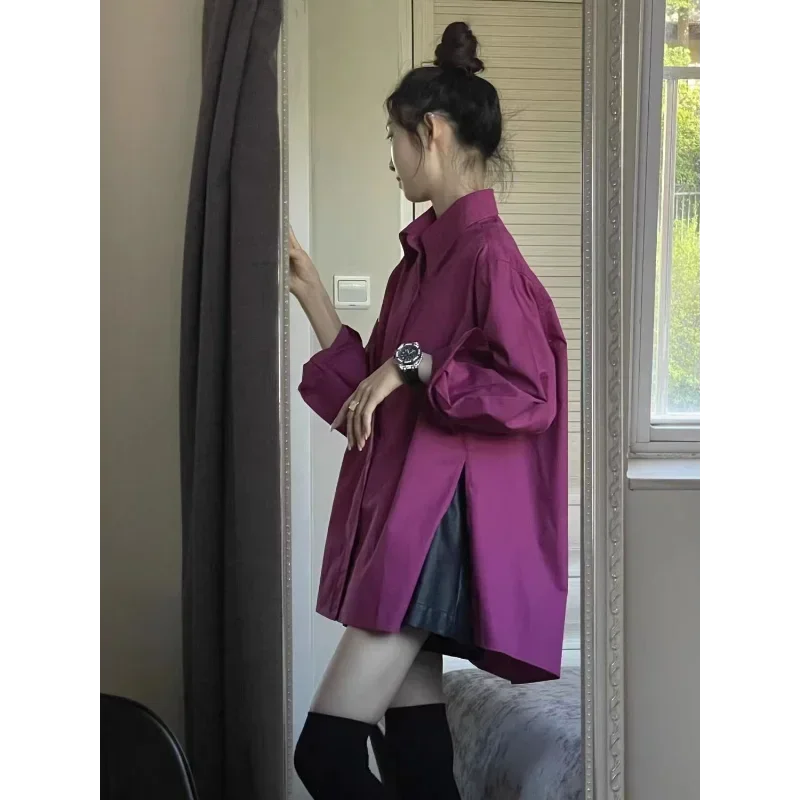 Весенне-осенняя модная женская блузка 2023 рубашки с розовым разрезом по бокам