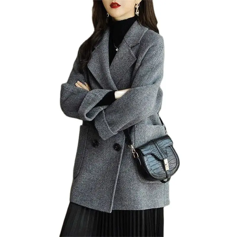 

Women's Woolen Coat Double-breasted Oblique Stripe Wool Overcoat Loose Jackets Lady Blazers Outerwear Casual Tops Autumn Winter