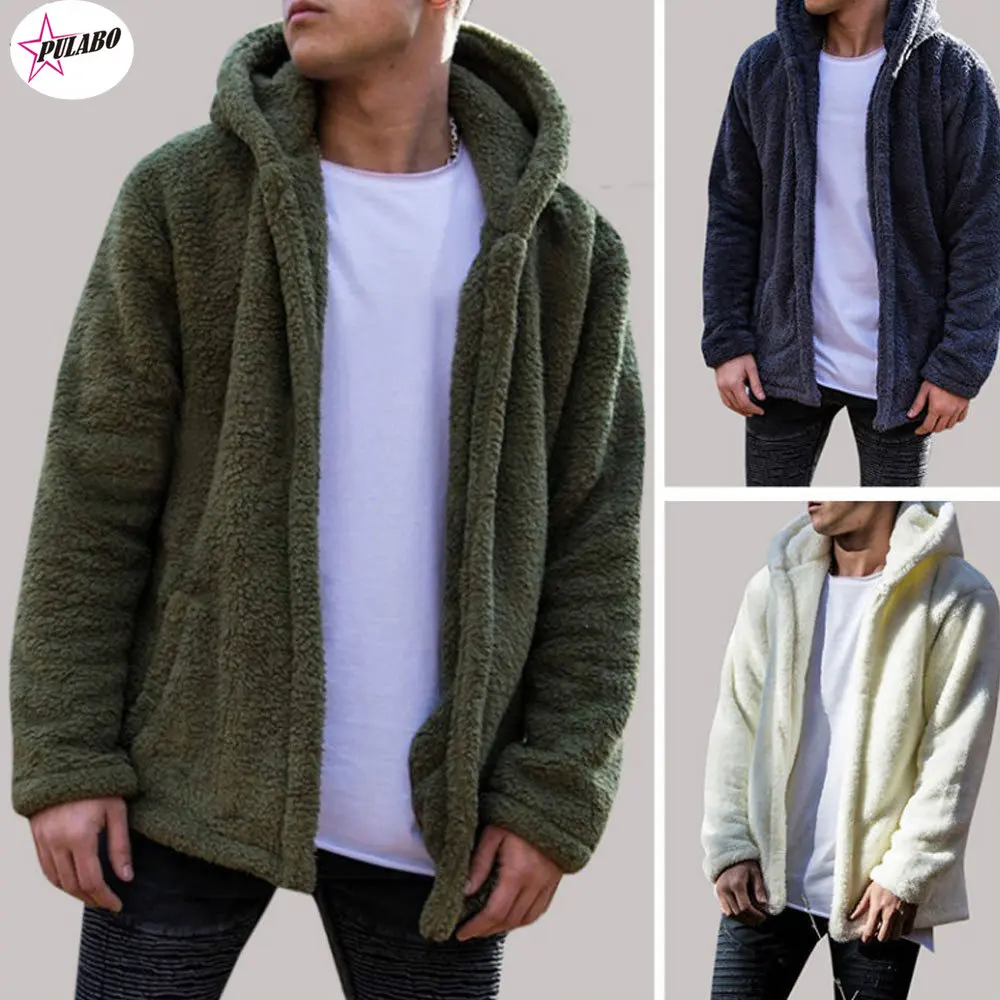 PULABO 2023 Winter Warm Men Winter Thick Hoodies Tops Fluffy Fleece Fur Jacket Hooded Coat Outerwear Long Sleeve Cardigans