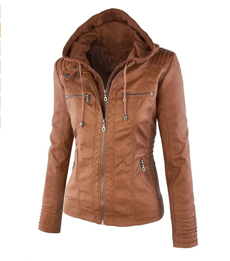 Autumn and Winter Women's Hooded Slim Leather Jacket Slim Skinny Vintage Fashion Faux Leather  Jaqueta Feminina Jackets Hooded