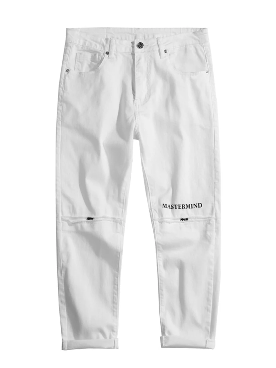 Spring and Autumn Korean Version Men's White Jeans Ripped Print Trend Nine-point Pants Fashion Streetwear Men Ins Hot Sale JEANS