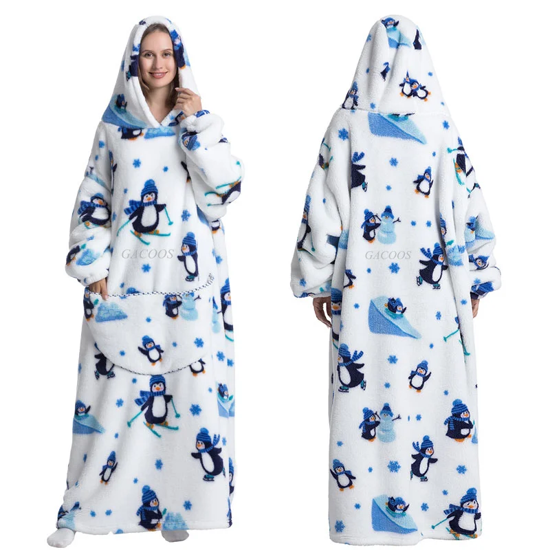 

Роскошные зимние толстовки большого размера, свитшот, милый мультяшный Пингвин, очень длинное одеяло с капюшоном, фланелевые гигантские ленивые ТВ-пижамы