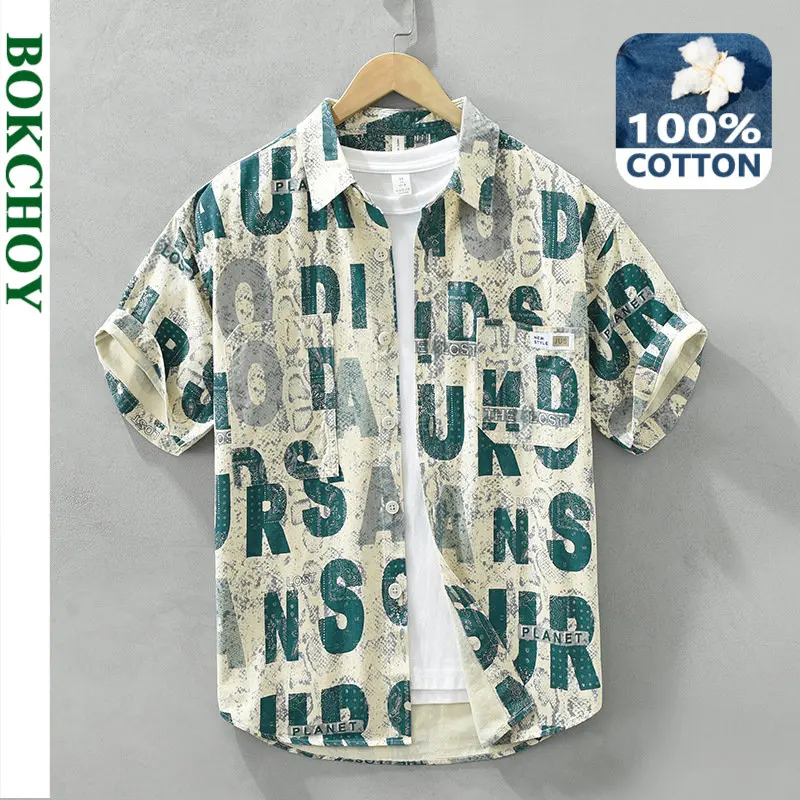 

2023 Summer New 100% Cotton Printed Shirt for Men Clothing Thin Fashion Streetwear C2760