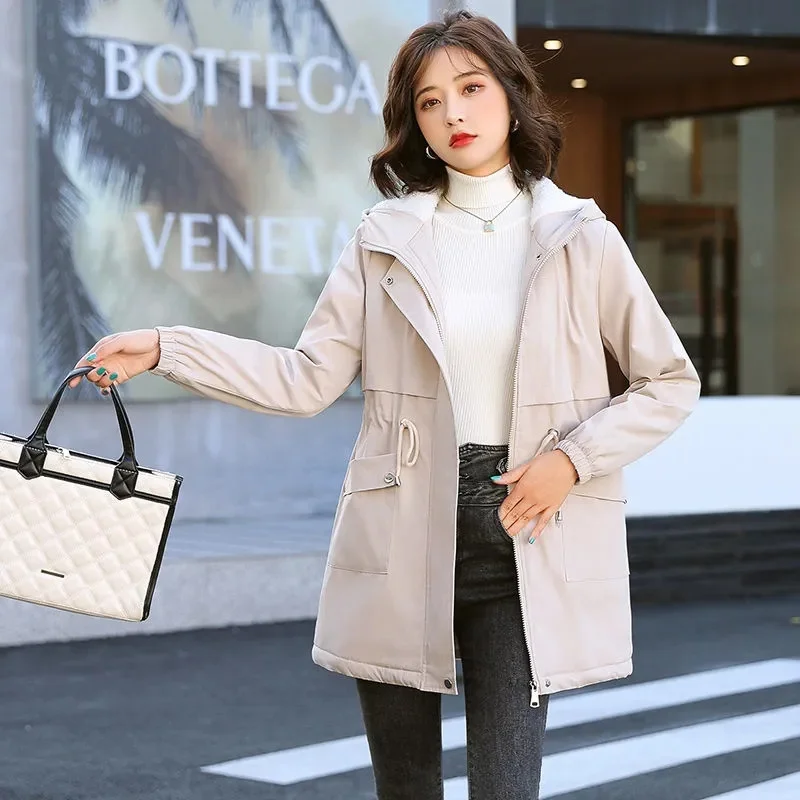 

M-3XL Spring Autumn Women's Jackets Korean Hooded Windbreaker Female Fleece Warm Thick Cotton Padded Coat Women Parkas Outerwear