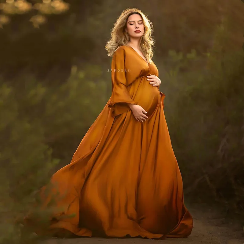 Boho V-neck Maternity Photo Shoot Long Dresses Satin Full Sleeve Pregnant Woman Photography Baby shower Dress