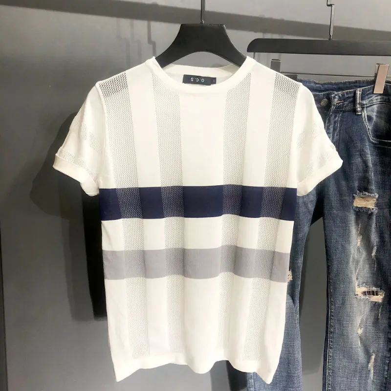 

Summer Men's T-shirts Casual Male Round Collar Short Sleeve Thin Knitted Tees Fashion Slim Fit Breathable Ice Silk T-shirts B199