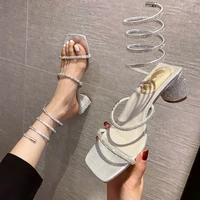 womens sandals fashion luxury square toe 2022 summer club rhinestone snake wrap high heel sandals birthday wedding party shoes