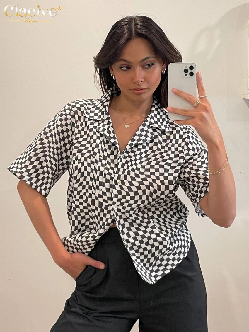 

Clacive Bodycon Print Women'S Shirt Summer Casual Short Sleeve Tops Female Elegant Slim Lapel Fashion Woman Blouses 2022 Pockets