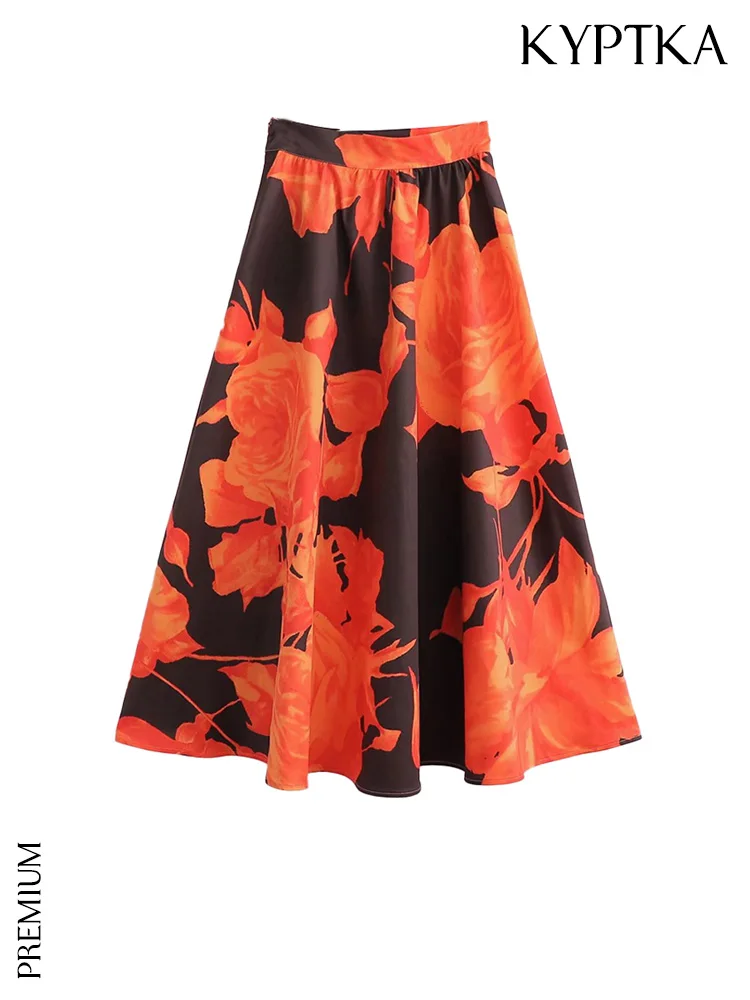 

KYPTKA Women Fashion Floral Print Midi Skirt Vintage High Waist Side Zipper Female Skirts Mujer