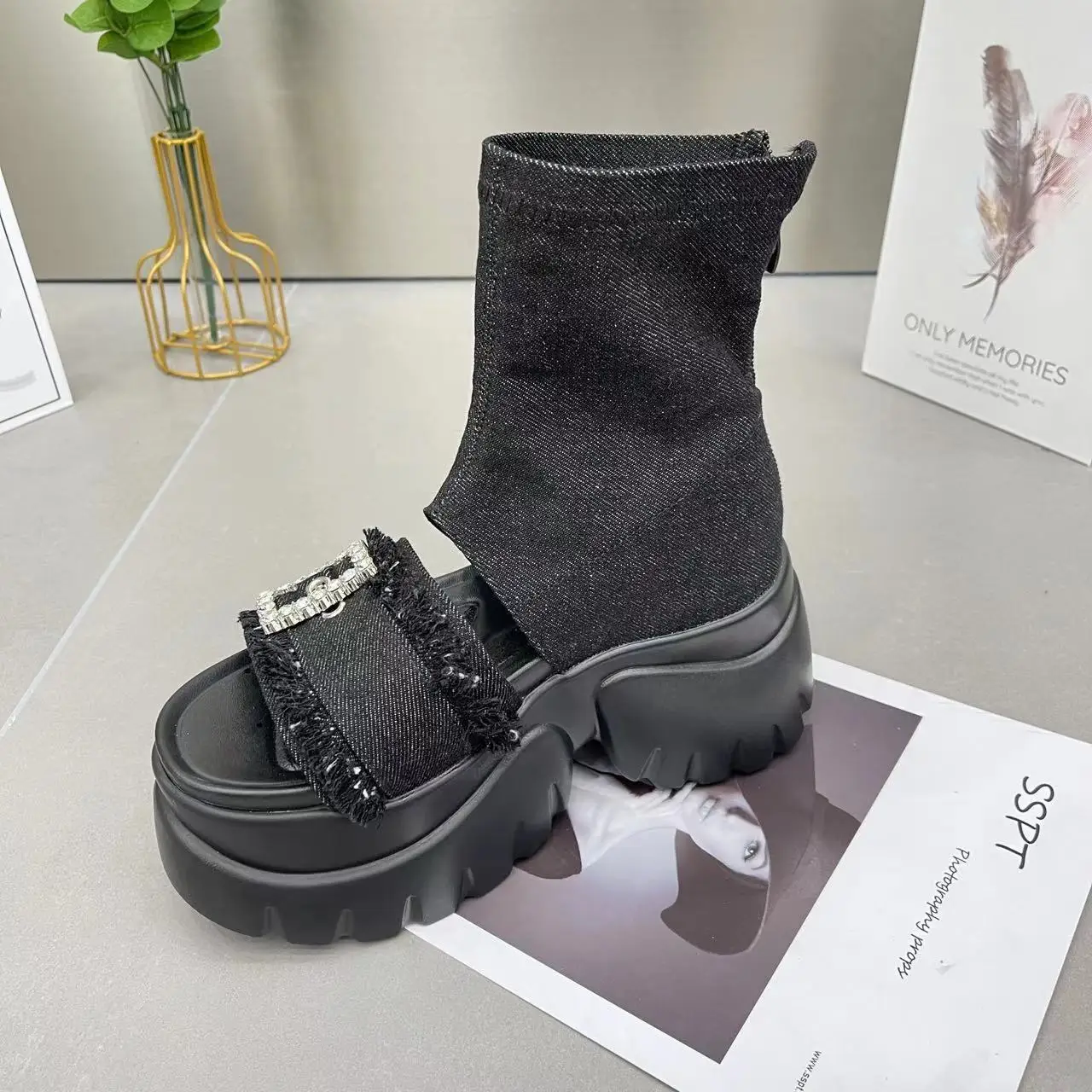 Women's Sandals 2023 Summer Ankle Denim Rhinestone Platform Muffin Super High Heel Motorcycle Boots