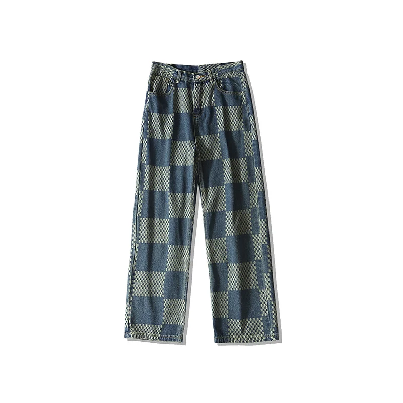 Blue Black Baggy Jeans Men Fashion Retro Plaid Jeans Men Japanese Streetwear Hip Hop Loose Straight Denim Pants Mens Trousers