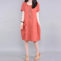 free shipping cheap loose summer dress cotton linen pockets bow holiday beach casual dress women solid color red short dress