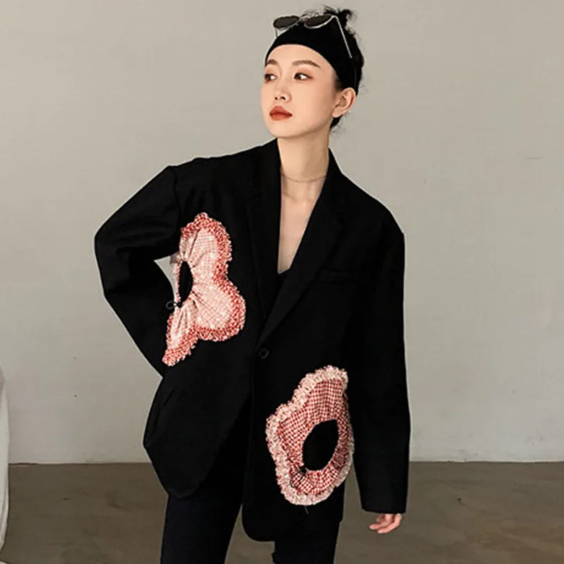 2023 New Autumn Winter Turn-down Collar Loose Patchwork Long-sleeved Solid Blazer Coat Female Black Floral Minimalist Suit Top