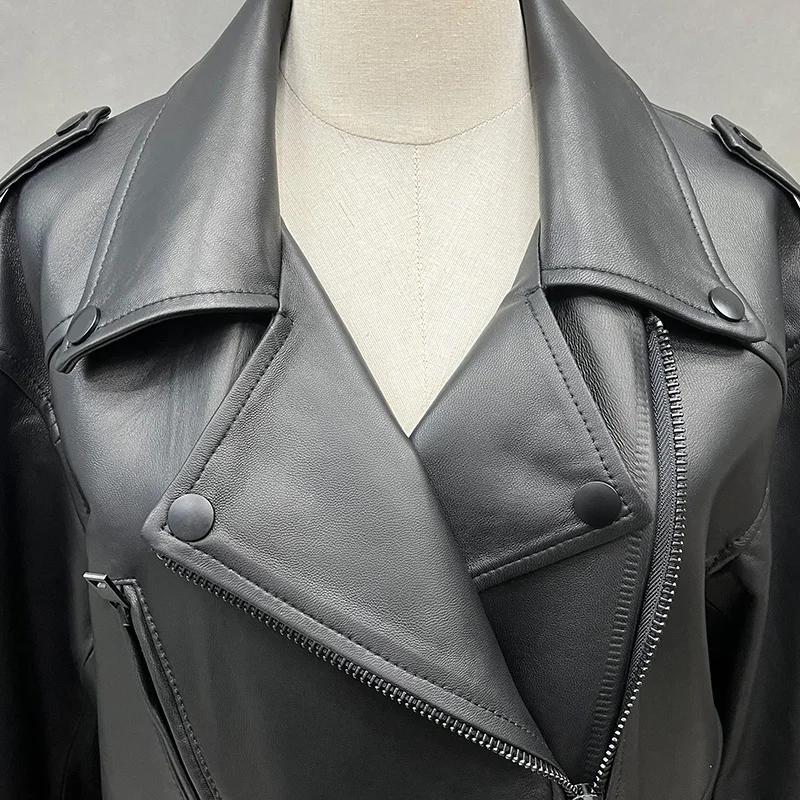 Sheepskin Leather Jacket 2023 Spring Autumn Leather Coat For Women Oversize Motorcycle Jacket TF5409