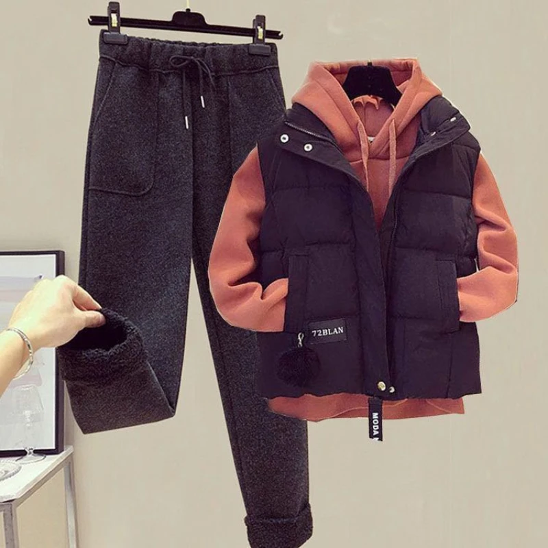

Woman Fashion Suit Female Tracksuits Casual Set with A Hood Fleece Sweatshirt Three Pieces Set Ladies Vests and Pants Suits G413