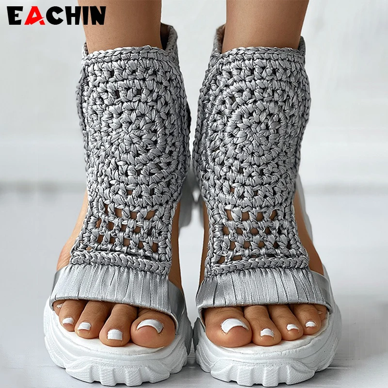 

Сандалии женские вязаные на плоской подошве, модные элегантные эластичные туфли на платформе, пляжная обувь с вырезами, лето
