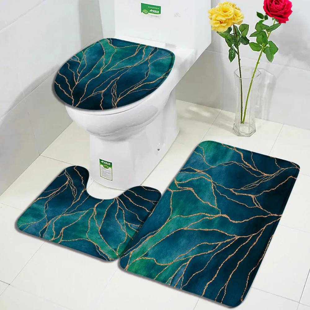 

Abstract Marble Bath Mat Set Gold Lines Blue Green Geometric Pattern Bathroom Decorative Carpet Non-Slip Rugs Toilet Lid Cover