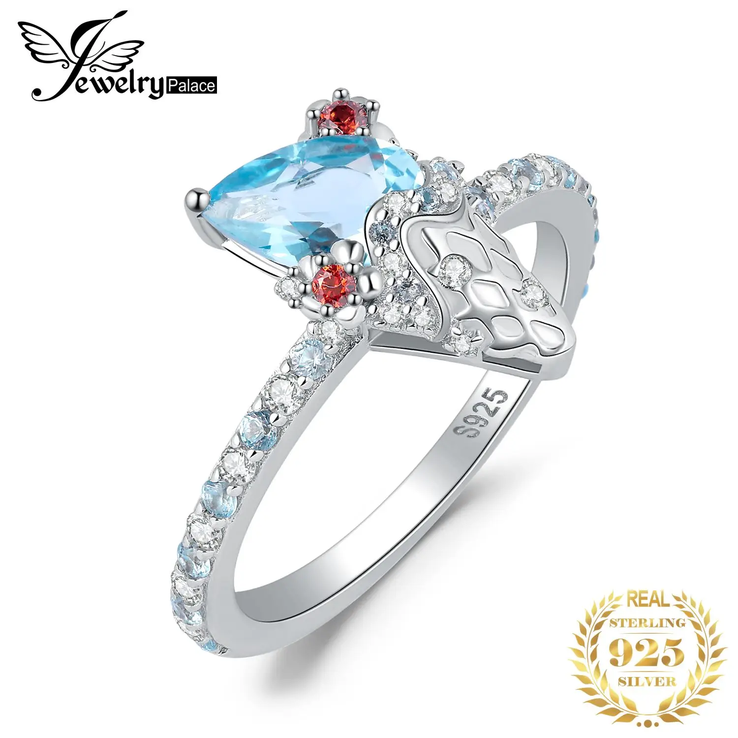 

Женское кольцо из серебра 925 пробы, с натуральным голубым топазом и красным гранатом