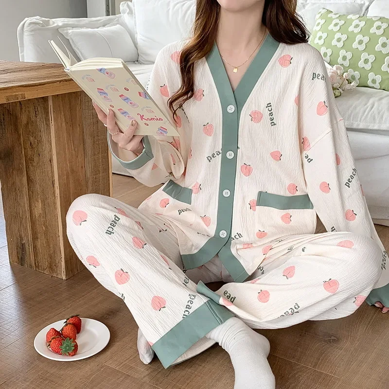 

New Women‘s Pajamas Long Sleeve Pants Home Suit Simple Casual and Sweet Sleepwear for Women in Spring Autumn and Winter
