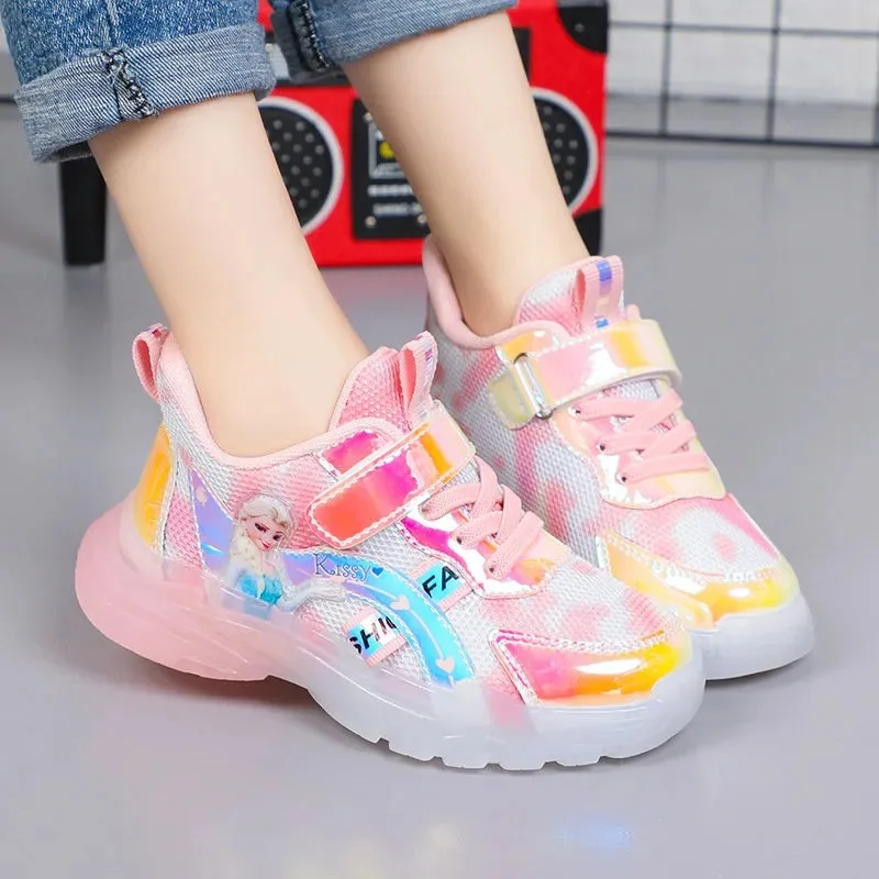 Кроссовки для девочек повседневные розовые с мультяшным принтом принцессы Эльзы