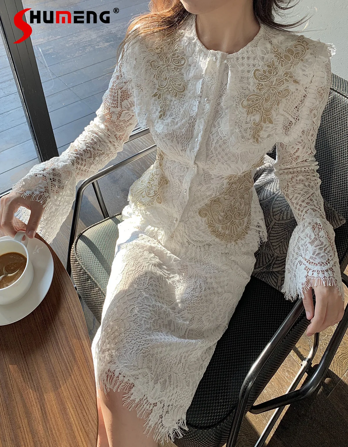 

2022 Spring Autumn New Fashion Socialite Shirt White Lace Temperament Top Overskirt Faldas Women's Elegant Two-Piece Set