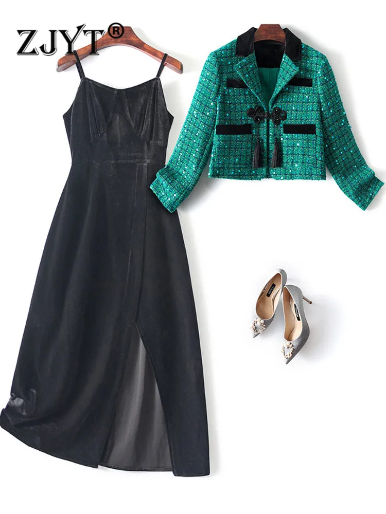 

ZJYT Autumn Winter Tweed Jacket Suit Set Women 2022 Elegant Strap Midi Velvet Dress 2 Piece Outfits Party Vintage Vestidos