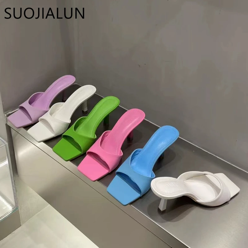 

SUOJIALUN New Brand Thin High Heels Women Slippers Fashion Candy Color Ladies Elegant Sandal Shoes Slip On Peep Toe Dress Slides
