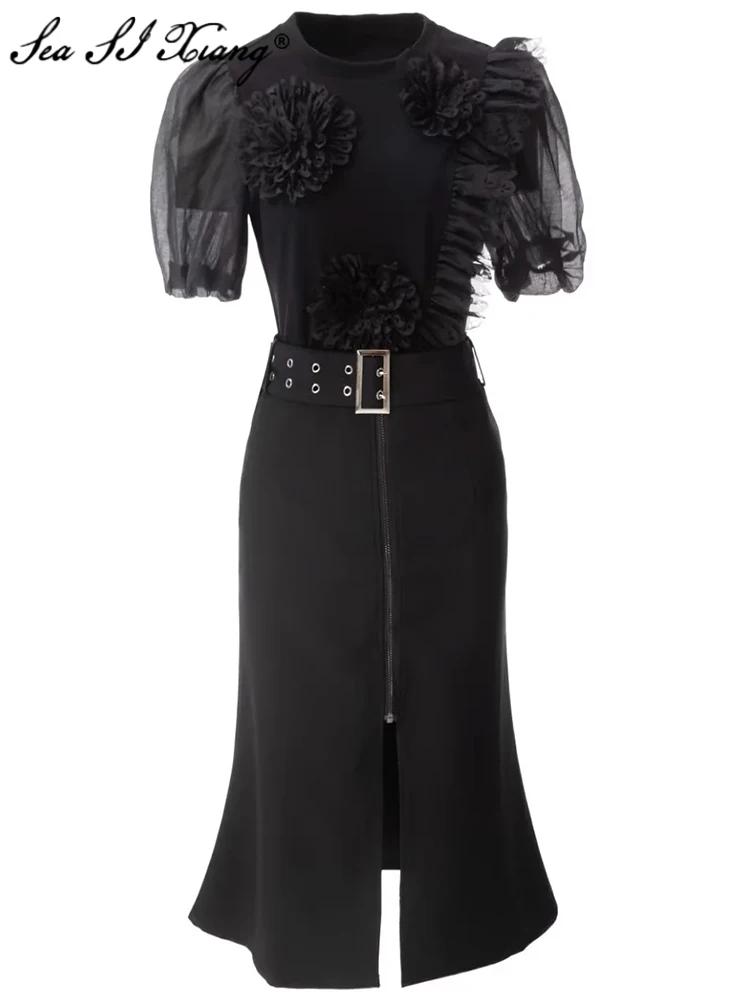

Seasixiang Fashion Designer Summer Women Suit Puff Sleeve Appliques Ruffles Tops + Pencil Skirt Black Vintage Two Pieces Set