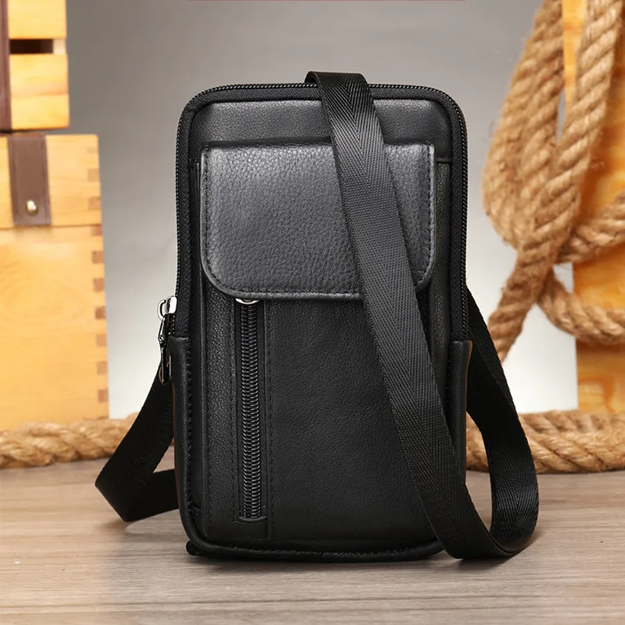 Genuine Leather Bag Small Phone Belt Pouch Waist Bag Quality Cowhide Man Belt Pouch Purse Bags Male Waist Pack Shoulder