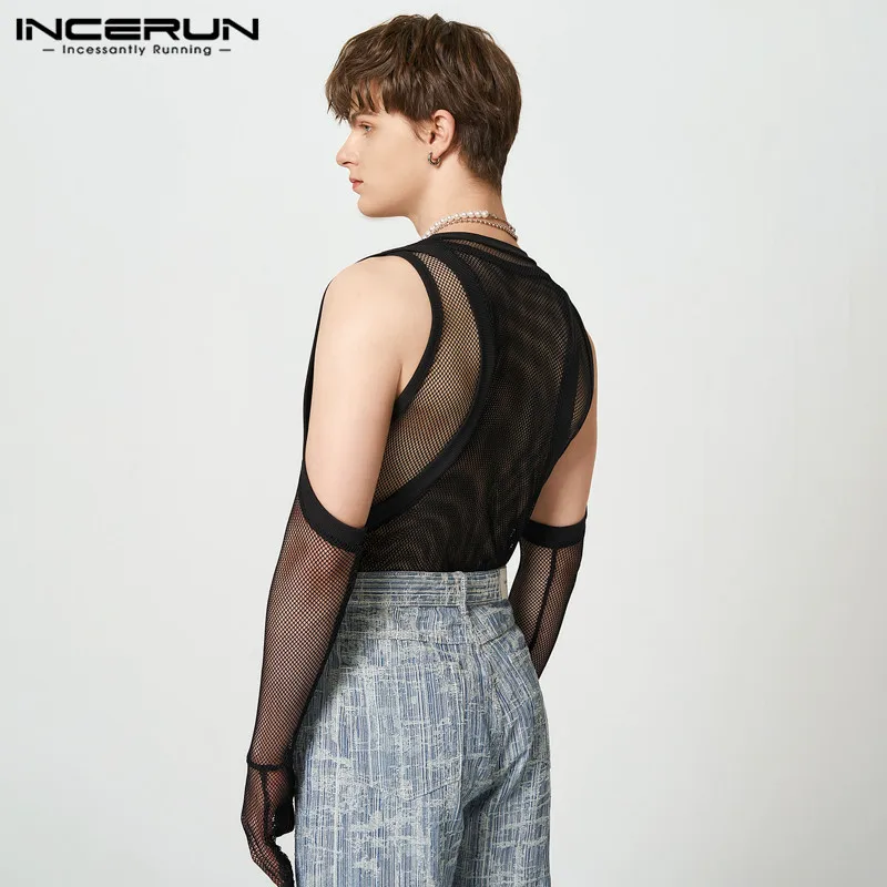 Fashion Homewear Rompers INCERUN Men's Breathable Mesh Knitted Hollow Design Jumpsuit Male Long Sleeve Triangle Bodysuits S-5XL