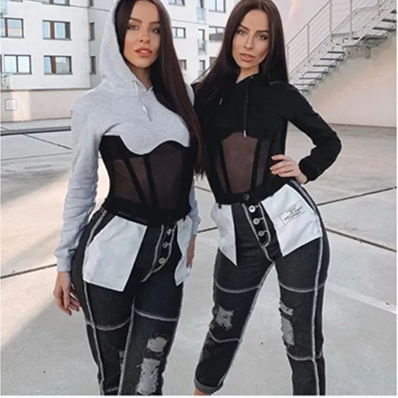 

y2k hoodies sudaderas sweatshirts Women Clothes Women Hooded Sweatshirt Long Sleeve Crop Top Mesh Patchwork See Through Tops Pun