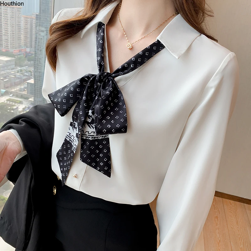 

Autumn New Women's Blouse Long Sleeve Solid Polo Shirt Bow Splicing Chiffon Casual Fashion Loose Top Houthion