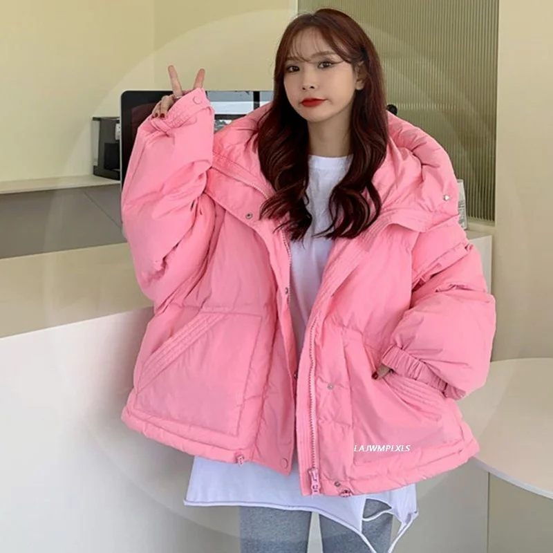 Women Candy Color Outerwear Hooded Warm Pocket Elegant  Jackets 2023 Winter Cotton Coats Loose Solid Sweet Female College Coat