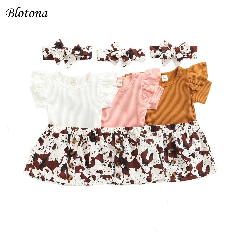 

Blotona Baby Girls Solid Color Tops, Skirt Set, Short Sleeve O-Neck Ruffle Ribbed T-shirt Casual Leopard Skirt +Headband 6M-3Y