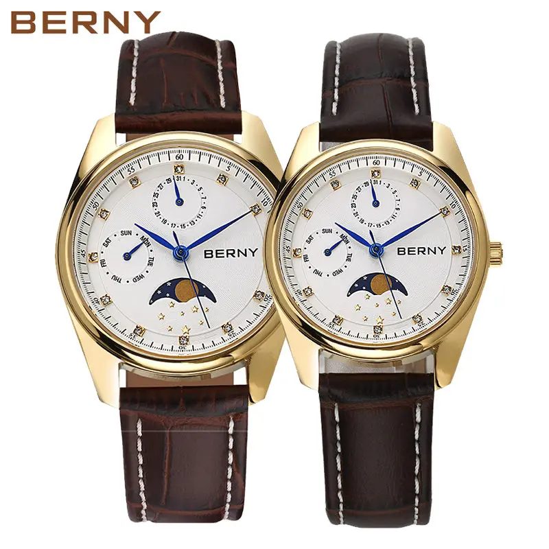 BERNY Gold MIYOTA Japan Quartz Wristwatch Moon Phase Couple Watch Day Date Genuine Leather Fashion Men Watch Calendar Waterproof