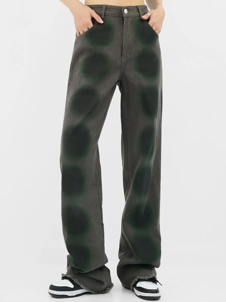 

Серые градиентные зеленые прямые джинсы струйной расцветки с необработанными краями, женские летние новые свободные широкие нейтральные д...