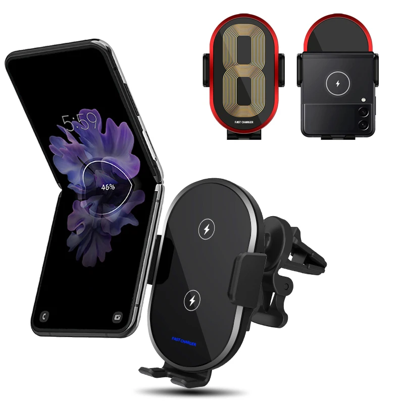 

15W Double Coils Wireless Car Charger Mount Fast Charging Auto-Clamping Car Phone Holder kickstand for iPhone Samsung z flip