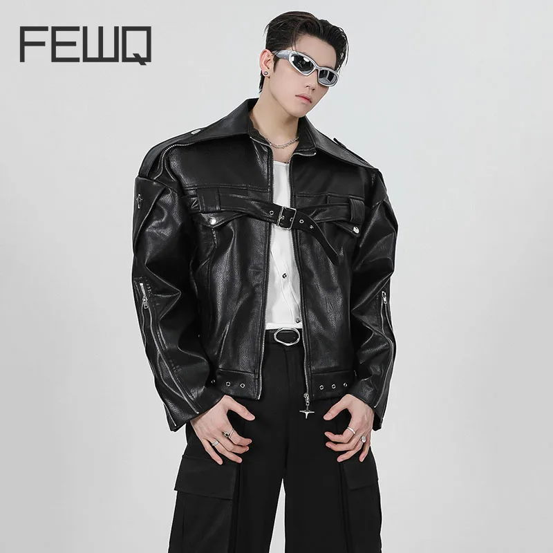 

FEWQ PU Leather Jackets Men's Motorcycle Suit High Street Male Deconstruction Coats Niche Design Autumn Trendy Tops 2023 24B3342