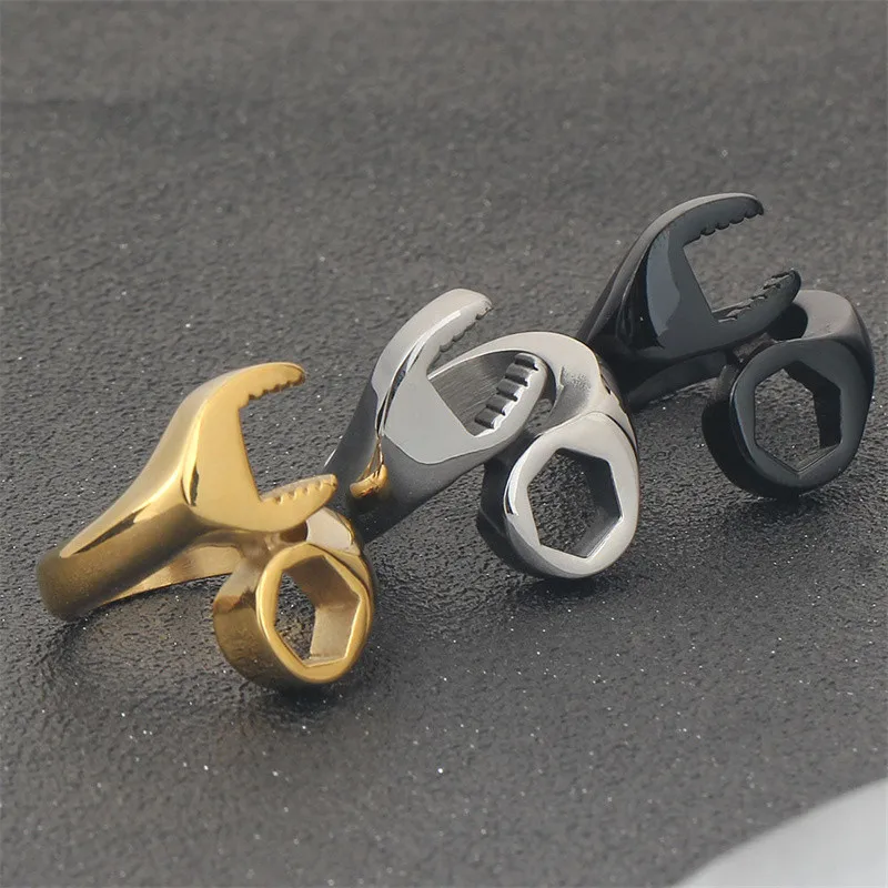 

Punk Rock Goth Band 18K Gold Plated Foundry Jewelry Fashion Tricolor Stainless Steel Men's Wrench Ring Father's Day Tool Gift