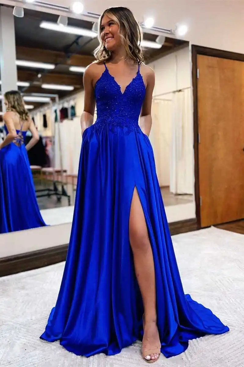 

Sexy Back Side Split A-line Party Dress with Lace Appliques Beads