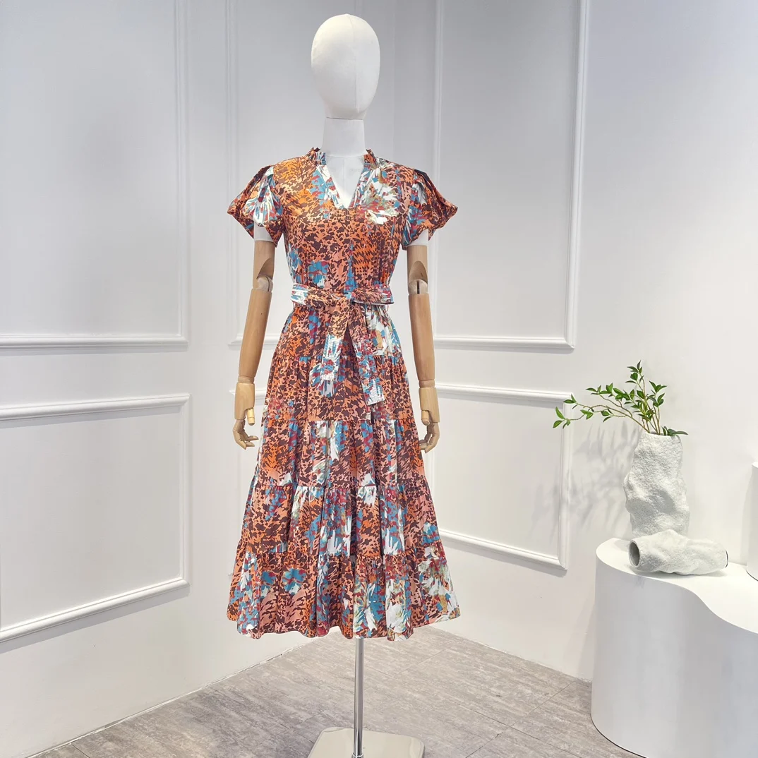 

2023 Spring Summer Lastest High Quality Cotton Leopard Print Short Lantern Sleeve Midi Dresses Women