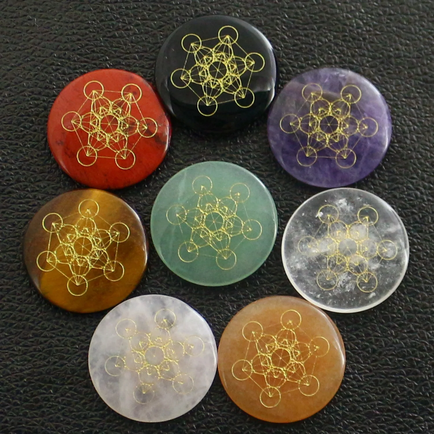 

30mm Flat Round Natural Semi-precious The Flower of Life Metatrone 's Multidimensional Metatron's Cube Cube 8 Colors for Choice