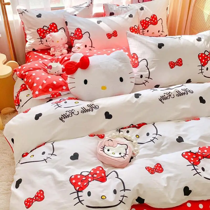 Ins style Hello Kitty cotton bed four-piece cartoon style HelloKitty cotton three-piece bed sheet anime figure