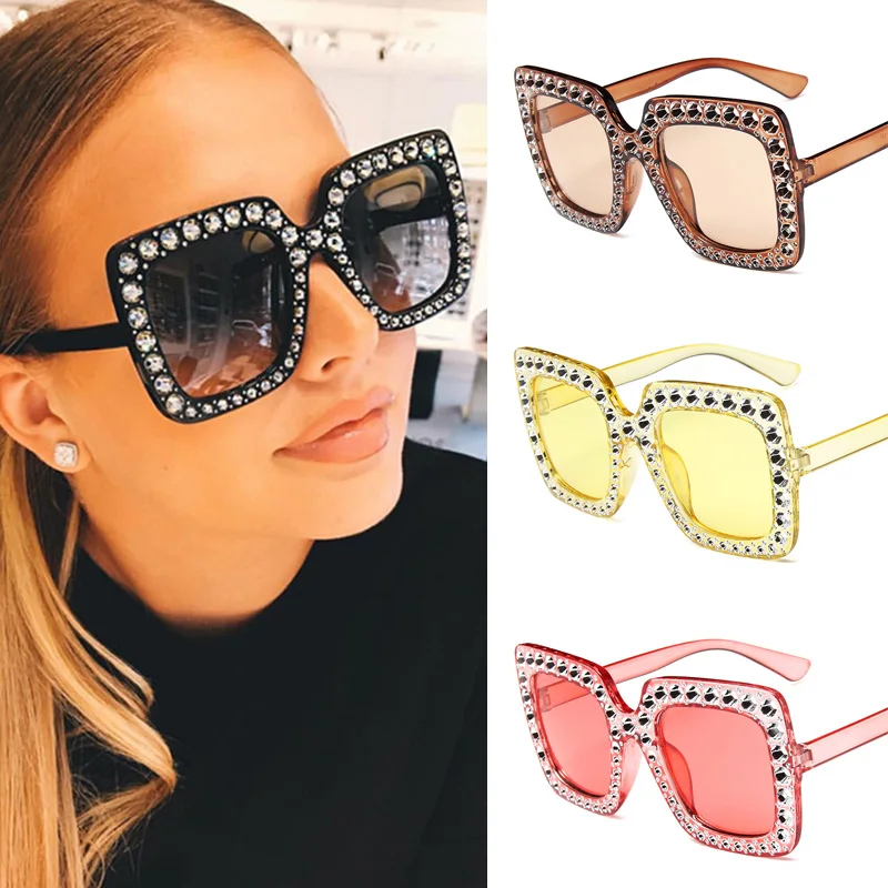 

Luxury Diamond Square Sunglasses Women's Crystal Eyewear Vintage Oversized Sunglasses Brand Design Sun Glasses Gradient Shades