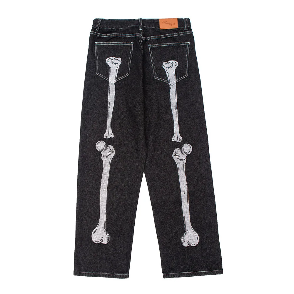 2023 Men Hip Hop Denim Pants Streetwear Skeleton Embroidery Denim Pants Harajuku Joggers Jeans Trousers Baggy Pants