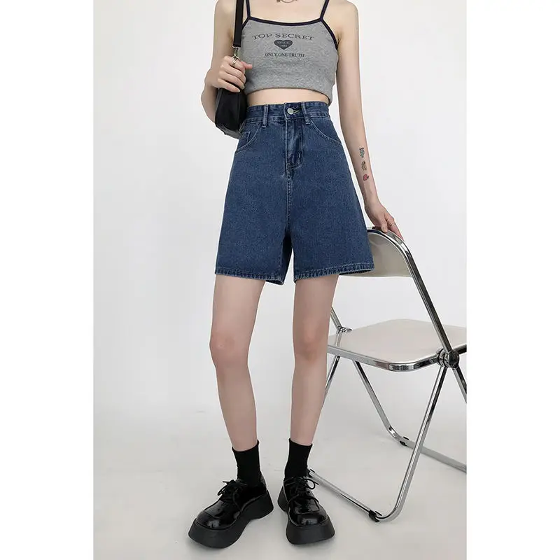 New For Summer 2023 Blue Women's High-waisted Denim Shorts Button Design Leisure Nickel Pants