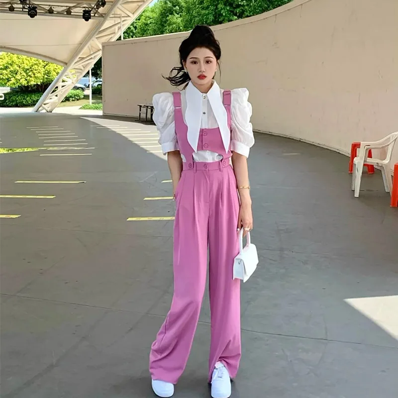 

Комплект одежды женский из 3 предметов, милый белый рубашка и розовые широкие брюки с бандажом, на лето