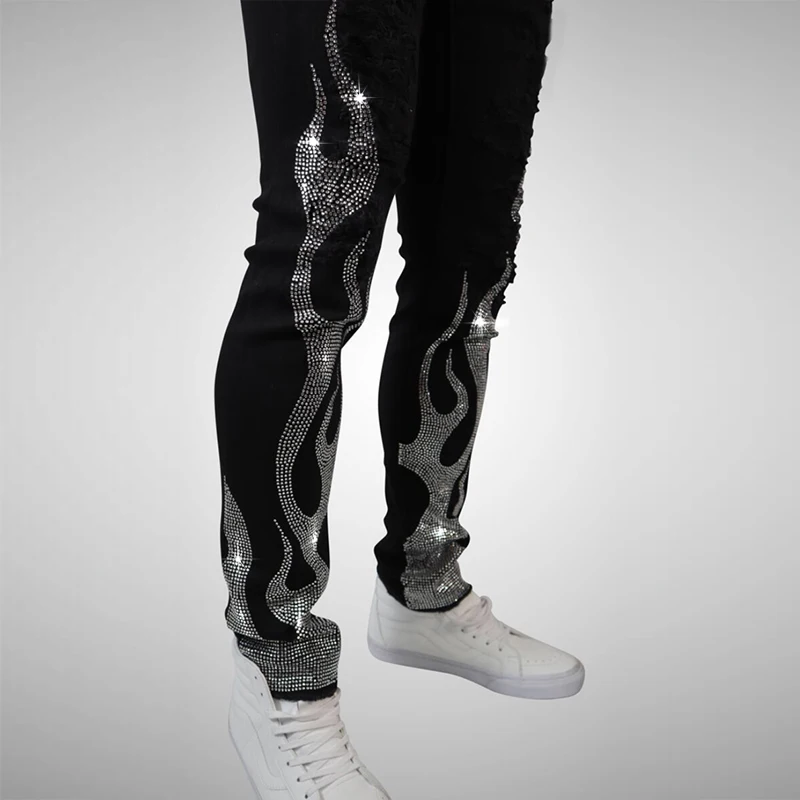 2021 Men's Stretchy Black Jeans Skinny Slim Fit Hot Drill Punk Streetwear Biker Trousers Man Rhinestone Hole Denim Pencil Pants